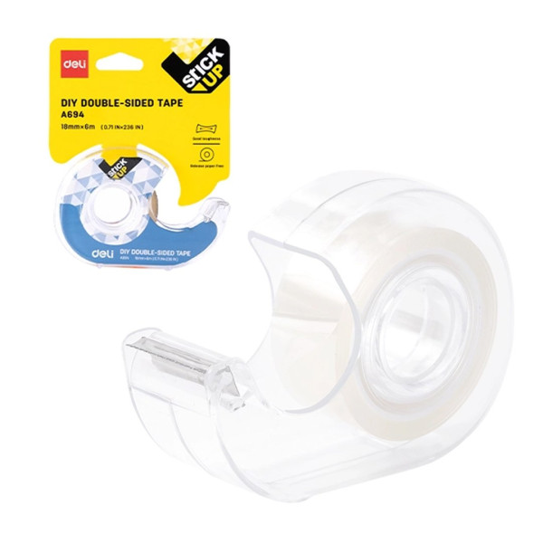 Клейкая лента (скотч) 18 мм х 6 м, двусторонняя, в диспенсере, Deli
